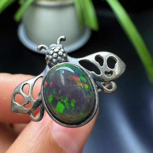 Buzzing Harmony Bee Opal Ring - Adjustable S925 Silver, Mystic Oval Cabochon for Courage & Transformation