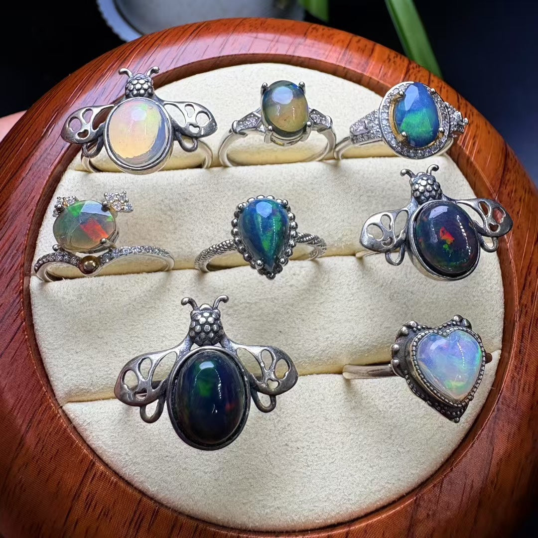 Buzzing Harmony Bee Opal Ring - Adjustable S925 Silver, Mystic Oval Cabochon for Courage & Transformation