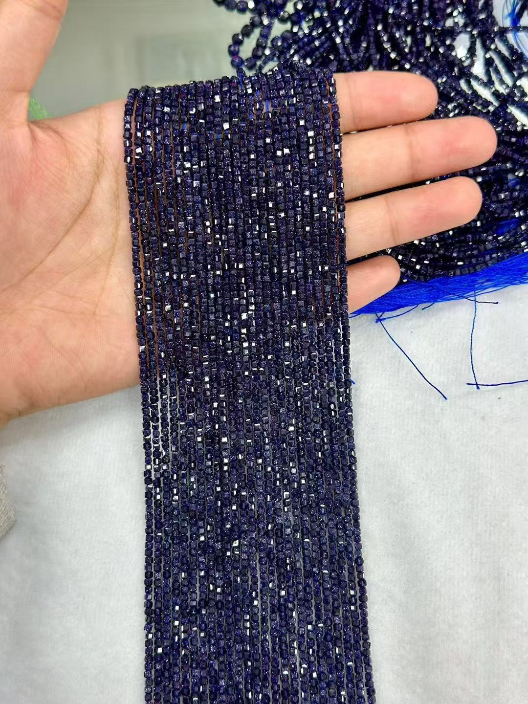 Manmade Sparking Blue Golden Sandstone Faceted Sugar Cube Bead Strand 2-4mm