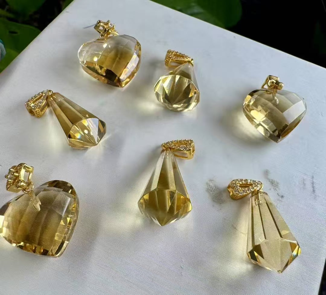 Natural Citrine Dual Pendant Set - Faceted Heart & Pendulum Necklace in Gold-Plated 925 Silver, Healing Crystal Gift