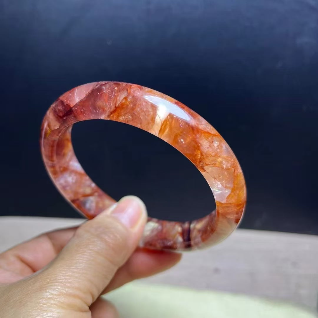 Natural Fire Quartz Stone Bracelet Bangle- 63.5mm Inner Diameter, 14mm Wide (Medium Size) - Handcrafted Gemstone Bangle - 59.2g