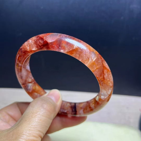 Natural Fire Quartz Stone Bracelet Bangle- 63.5mm Inner Diameter, 14mm Wide (Medium Size) - Handcrafted Gemstone Bangle - 59.2g