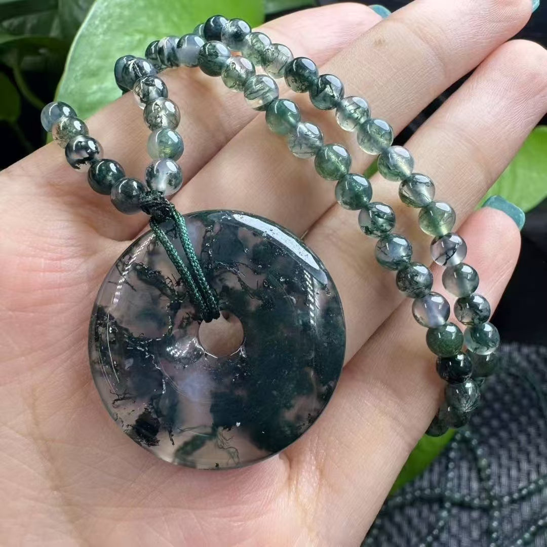 Zen Moss Agate Disc Pendant & Bead Necklace - Natural Botanical Jewelry|Bulk Price
