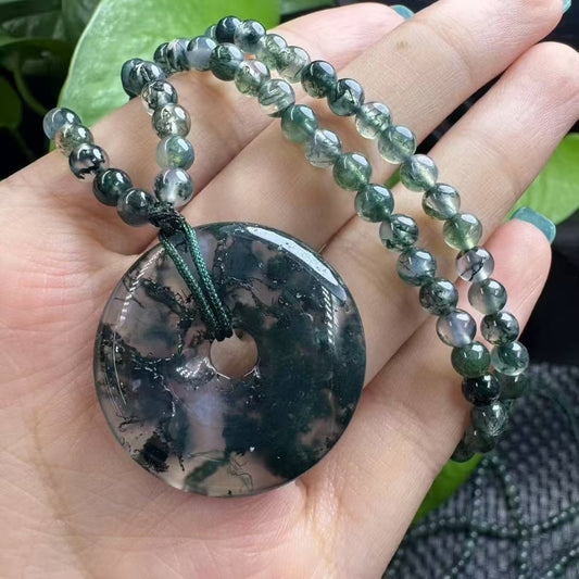 Zen Moss Agate Disc Pendant & Bead Necklace - Natural Botanical Jewelry|Bulk Price