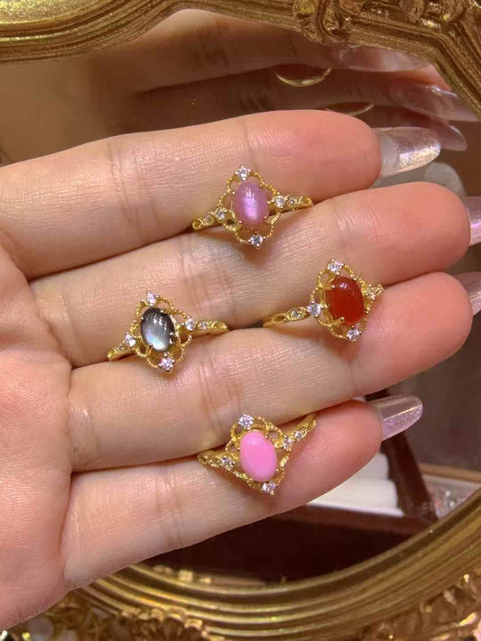 Vintage Elegance 925 Silver Gold-Plated Ring – Handcrafted Oval Gemstone Ring (Choose: Queen Conch, Red Agate, Black/ Purple Mother of Pearl)
