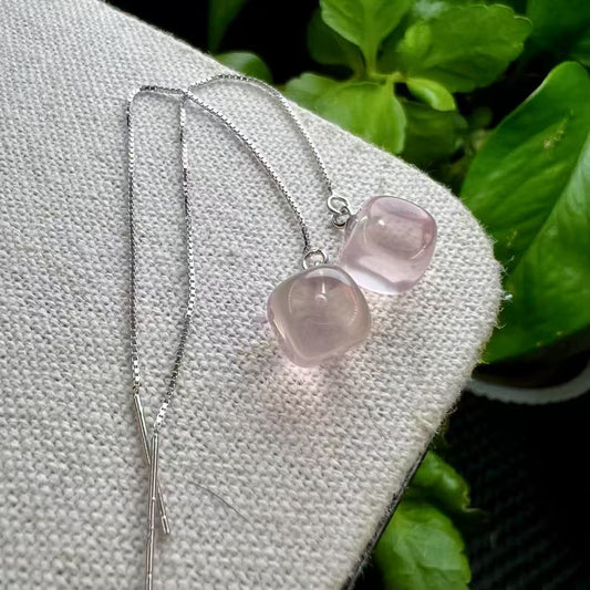 Jelly-like Rose Quartz Square Earrings - 925 Sterling Silver Dangle Ear Wires with Translucent Pink Crystal Cubes |Bulk Price