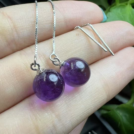 Amethyst Beaded Dangle Earrings - 925 Sterling Silver Ear Wires with 6mm Natural Purple Crystal Balls|Bulk Price