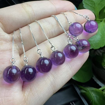 Amethyst Beaded Dangle Earrings - 925 Sterling Silver Ear Wires with 6mm Natural Purple Crystal Balls|Bulk Price