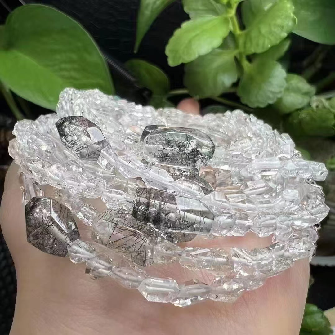 Black Rutilated Quartz Energy Bracelet – Natural Black Rutile Quartz Beads & Genuine Herkimer Diamonds (925 Sterling Silver Buckle)