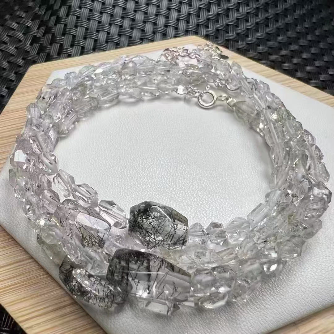 Black Rutilated Quartz Energy Bracelet – Natural Black Rutile Quartz Beads & Genuine Herkimer Diamonds (925 Sterling Silver Buckle)