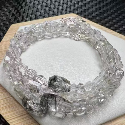 Black Rutilated Quartz Energy Bracelet – Natural Black Rutile Quartz Beads & Genuine Herkimer Diamonds (925 Sterling Silver Buckle)