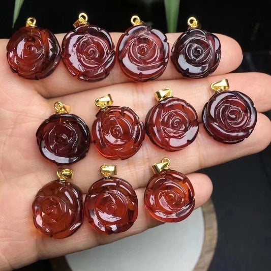 Blood Red Amber Rose Flower Pendant - Natural Baltic Amber with Sterling Silver 925 Jewelry for Women|Bulk Price
