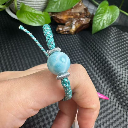 Larimar Sea Wave Bracelet - Handmade Adjustable Cord, Dominican Blue Pectolite for Calm & Communication