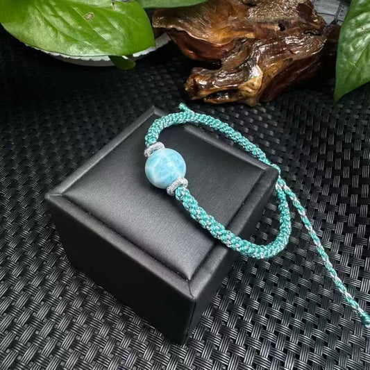 Larimar Sea Wave Bracelet - Handmade Adjustable Cord, Dominican Blue Pectolite for Calm & Communication