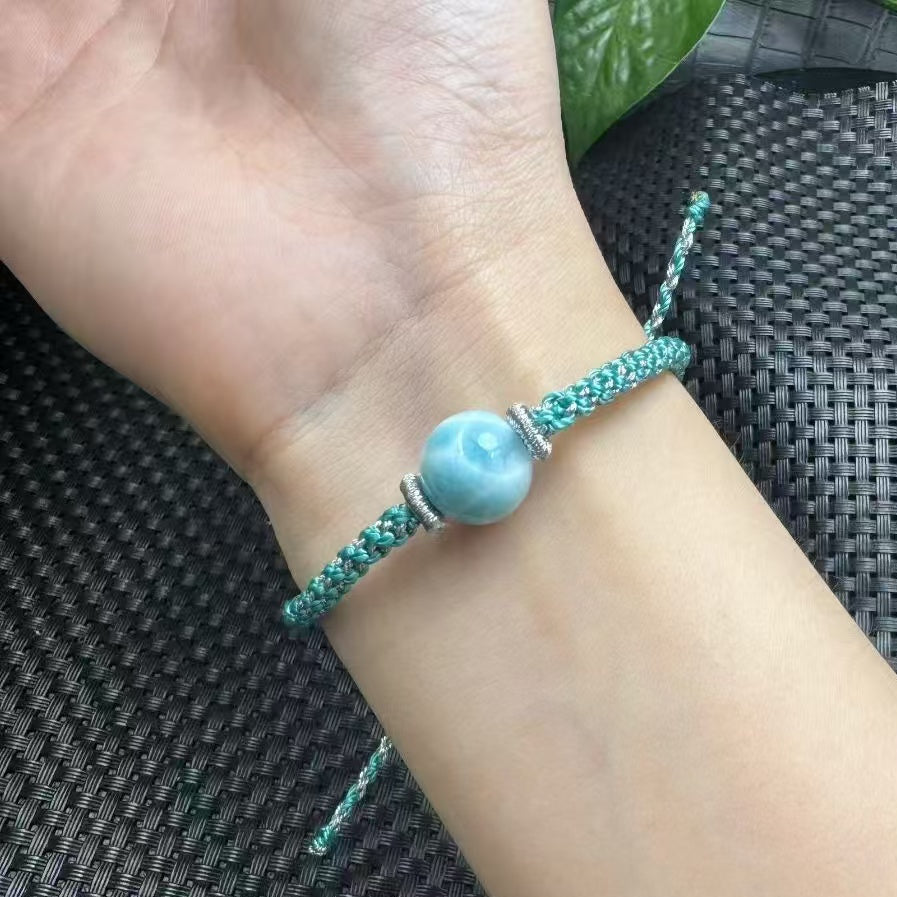 Larimar Sea Wave Bracelet - Handmade Adjustable Cord, Dominican Blue Pectolite for Calm & Communication