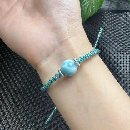 Larimar Sea Wave Bracelet - Handmade Adjustable Cord, Dominican Blue Pectolite for Calm & Communication