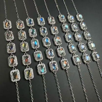 Madagascar Rainbow Moonstone Bracelet - 5 Oval Cabochons S925 Sterling Silver Chain, Adjustable Clasp for Intuition & Divine Feminine Energy