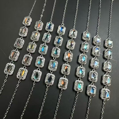 Madagascar Rainbow Moonstone Bracelet - 5 Oval Cabochons S925 Sterling Silver Chain, Adjustable Clasp for Intuition & Divine Feminine Energy