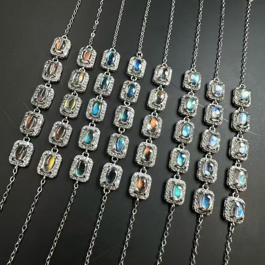 Madagascar Rainbow Moonstone Bracelet - 5 Oval Cabochons S925 Sterling Silver Chain, Adjustable Clasp for Intuition & Divine Feminine Energy