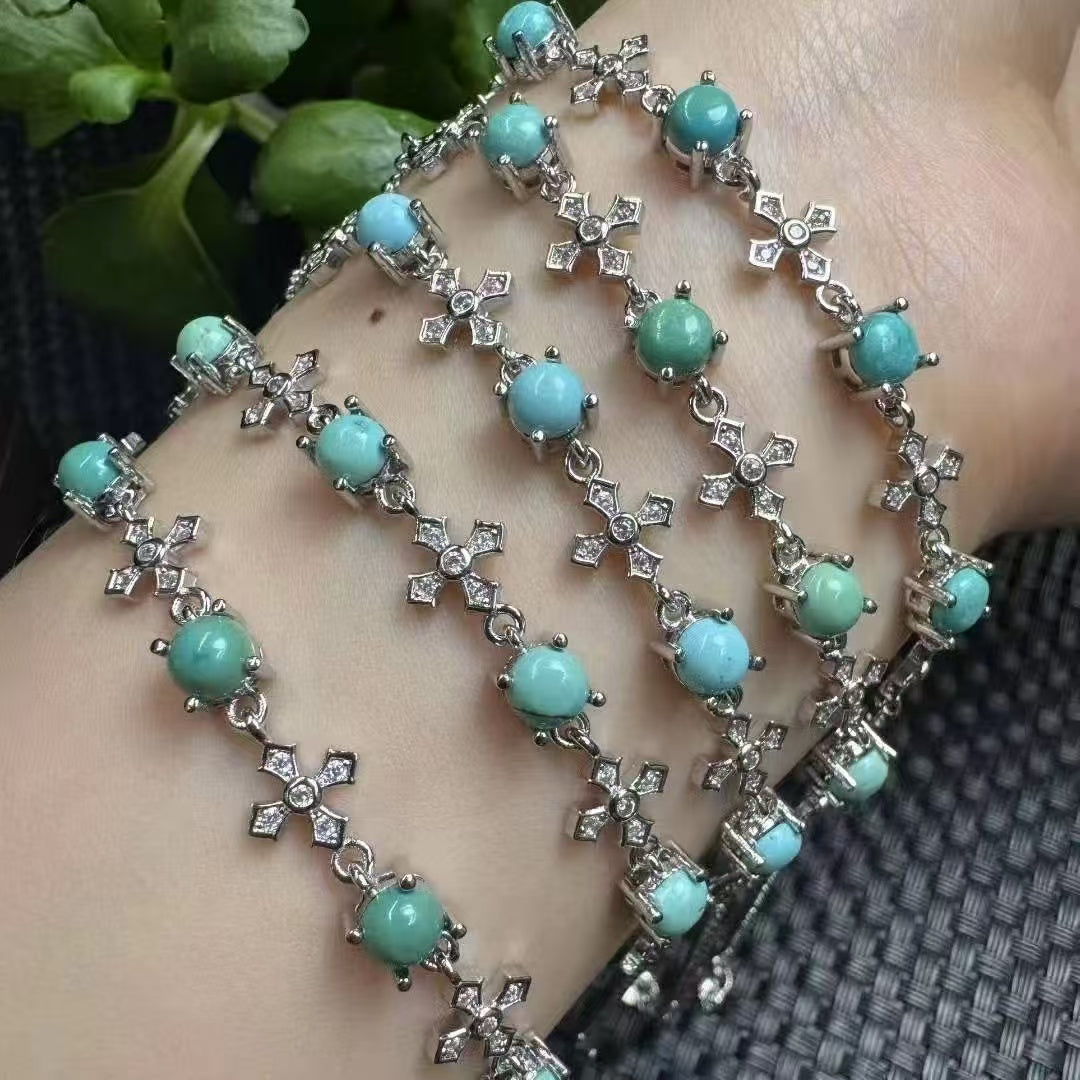Natural Turquoise Bracelet - 4 Round Cabochons in Copper Setting, Adjustable Copper Chain for Protection & Positive Energy
