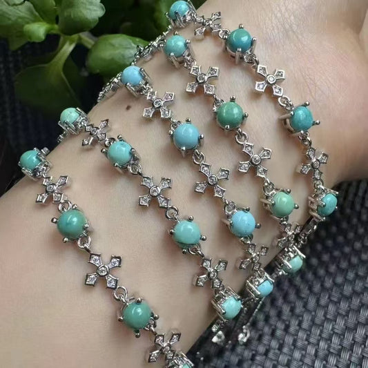 Natural Turquoise Bracelet - 4 Round Cabochons in Copper Setting, Adjustable Copper Chain for Protection & Positive Energy