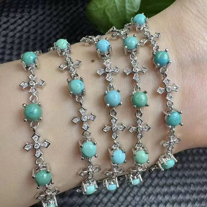 Natural Turquoise Bracelet - 4 Round Cabochons in Copper Setting, Adjustable Copper Chain for Protection & Positive Energy