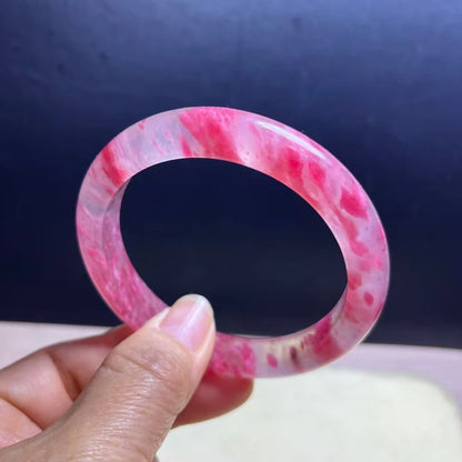Icy Rhodonite Bracelet with Floating Cherry Blossoms – 60mm Inner Diameter | Natural Rhodonite Bangle, 11.3mm Wide