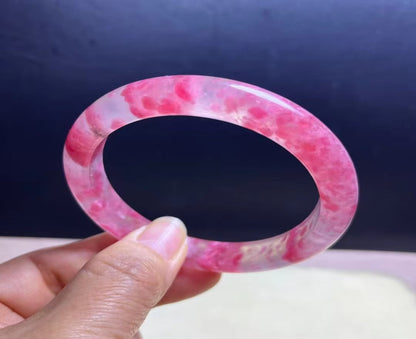 Icy Rhodonite Bracelet with Floating Cherry Blossoms – 60mm Inner Diameter | Natural Rhodonite Bangle, 11.3mm Wide