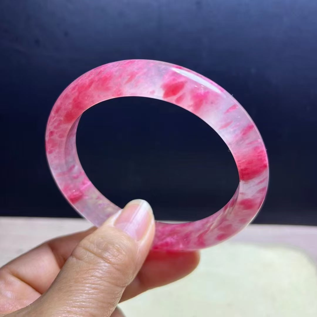 Icy Rhodonite Bracelet with Floating Cherry Blossoms – 60mm Inner Diameter | Natural Rhodonite Bangle, 11.3mm Wide