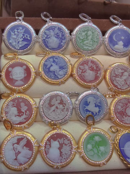 White Agate Cameo Sculpted Portrait Series Pendant - Hand-Brushed Sterling Silver Frame/Gold Plated