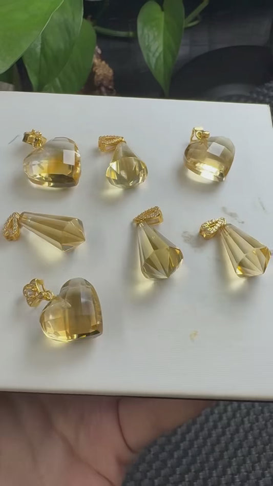 Natural Citrine Dual Pendant Set - Faceted Heart & Pendulum Necklace in Gold-Plated 925 Silver, Healing Crystal Gift