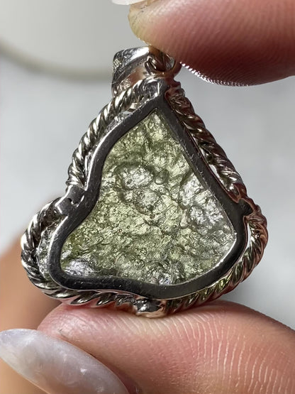 Cheese Shape Raw Moldavite Pendent With S925 Hand Wrapped