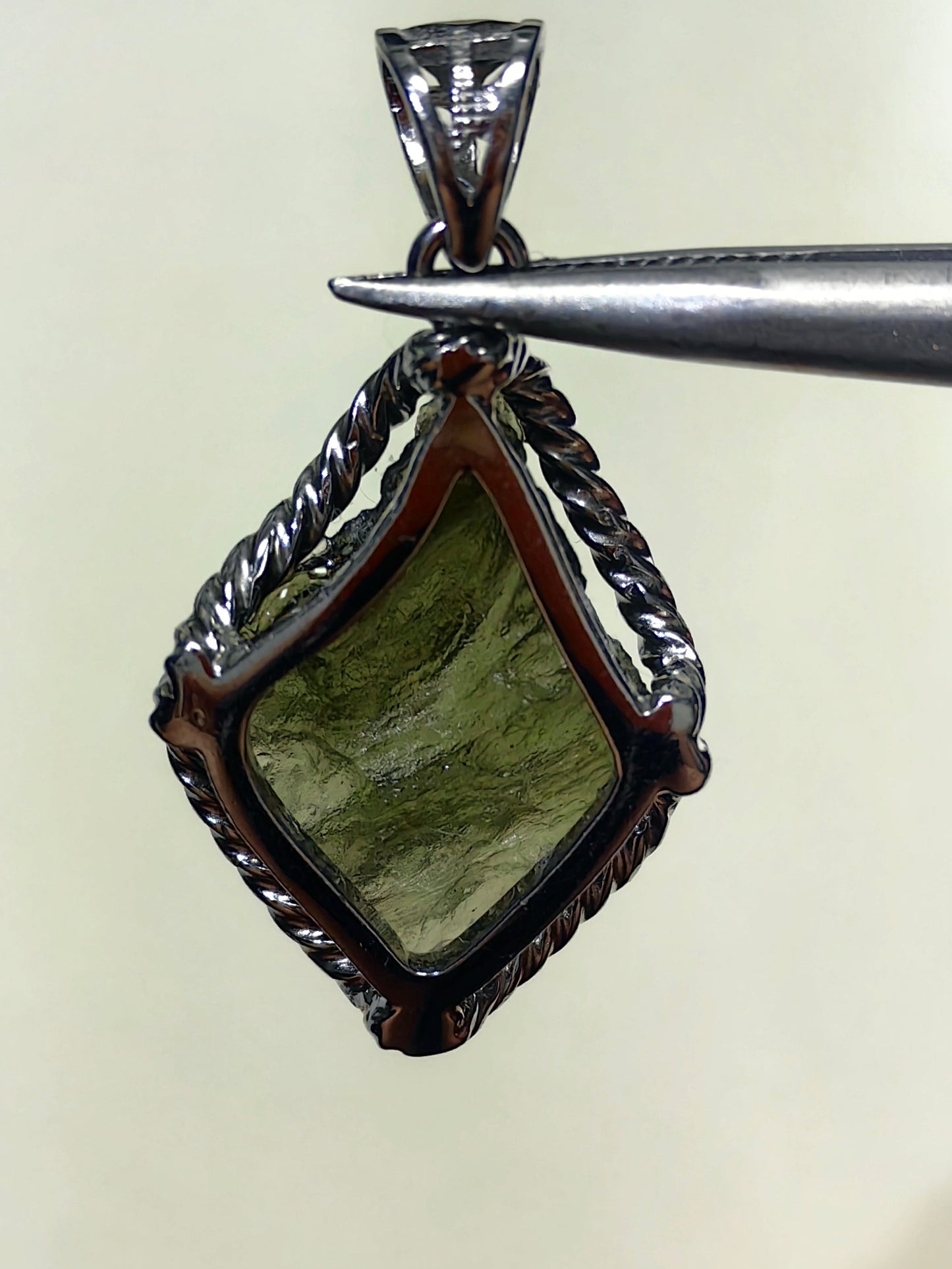 Diamond Shape Raw Moldavite Pendent With S925 Hand Wrapped