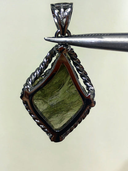 Diamond Shape Raw Moldavite Pendent With S925 Hand Wrapped