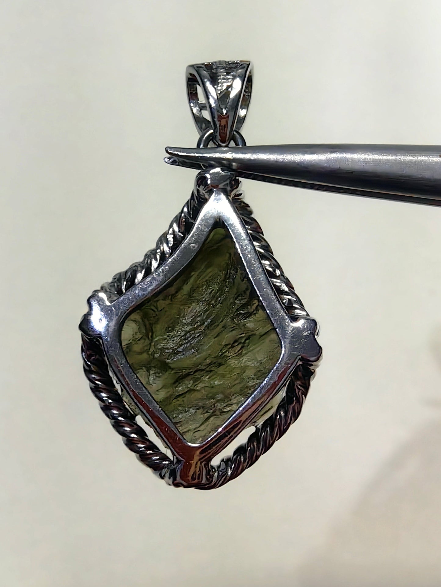 Diamond Shape Raw Moldavite Pendent With S925 Hand Wrapped