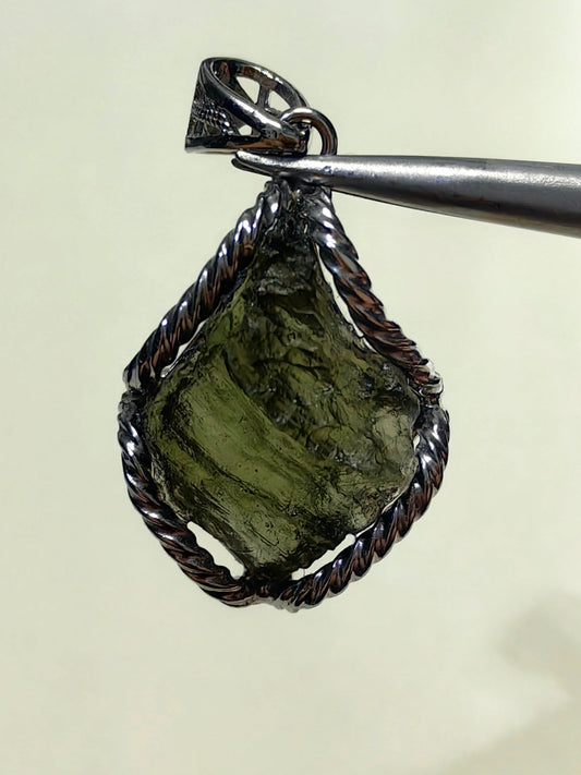 Diamond Shape Raw Moldavite Pendent With S925 Hand Wrapped