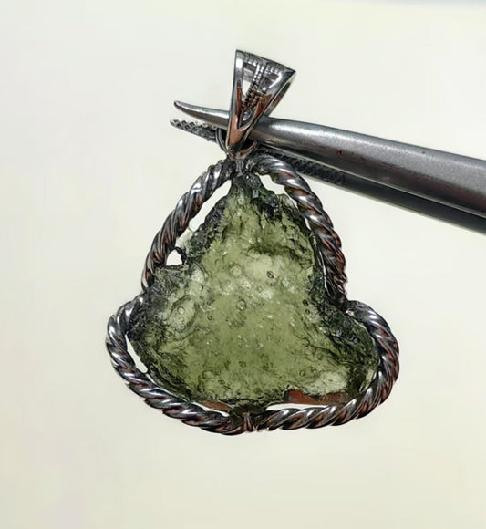 Cheese Shape Raw Moldavite Pendent With S925 Hand Wrapped